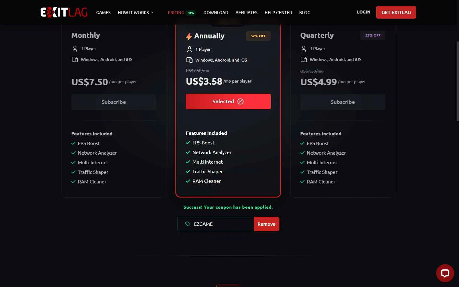 ExitLag checkout page showing ExitLag discount code box | Screenshot taken by SimplyCodes community member on Feb 5, 2026