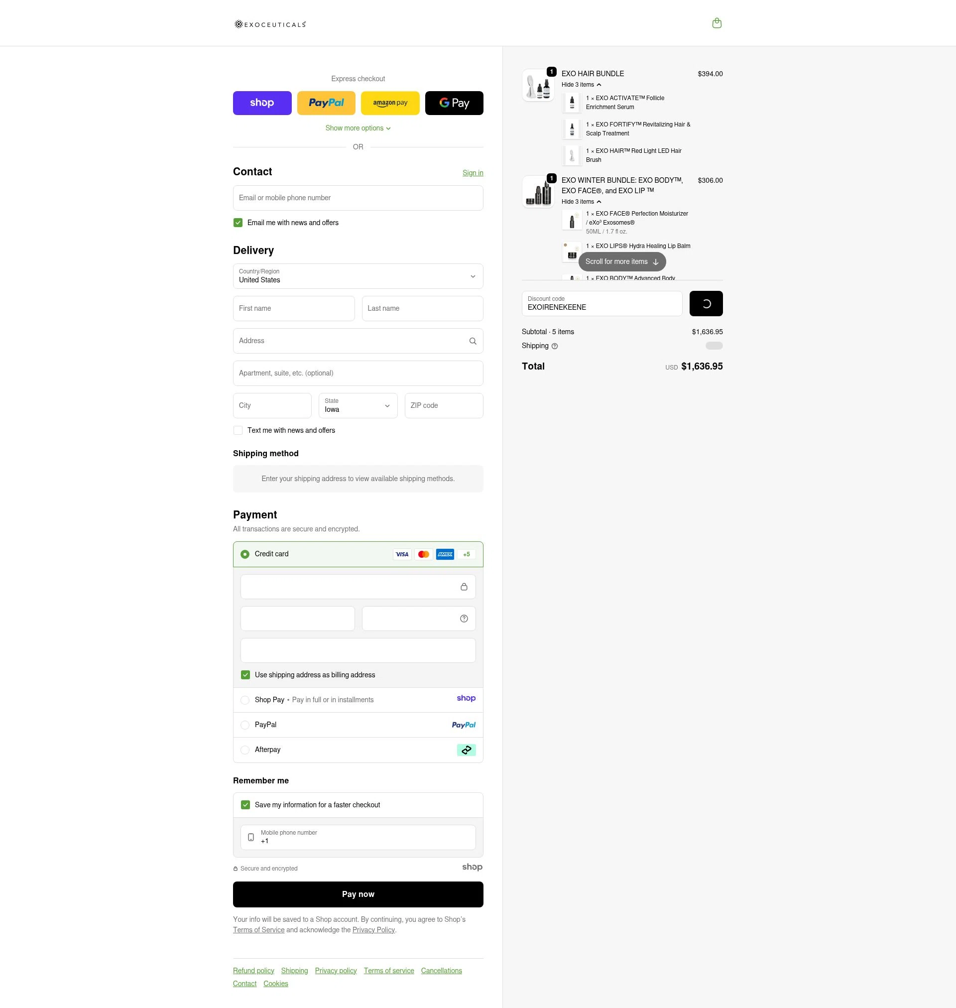 Exoceuticals checkout page showing Exoceuticals promo code box | Screenshot taken by SimplyCodes community member on Dec 25, 2025