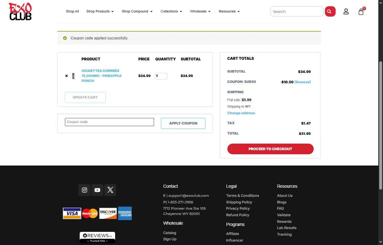 EXO Club checkout page showing EXO Club coupon code box | Screenshot taken by SimplyCodes community member on Jan 8, 2026