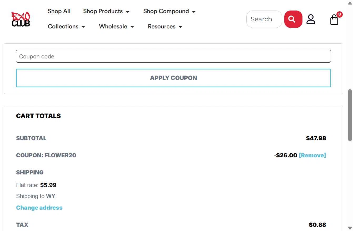 EXO Club checkout page showing EXO Club coupon code box | Screenshot taken by SimplyCodes community member on Dec 7, 2025