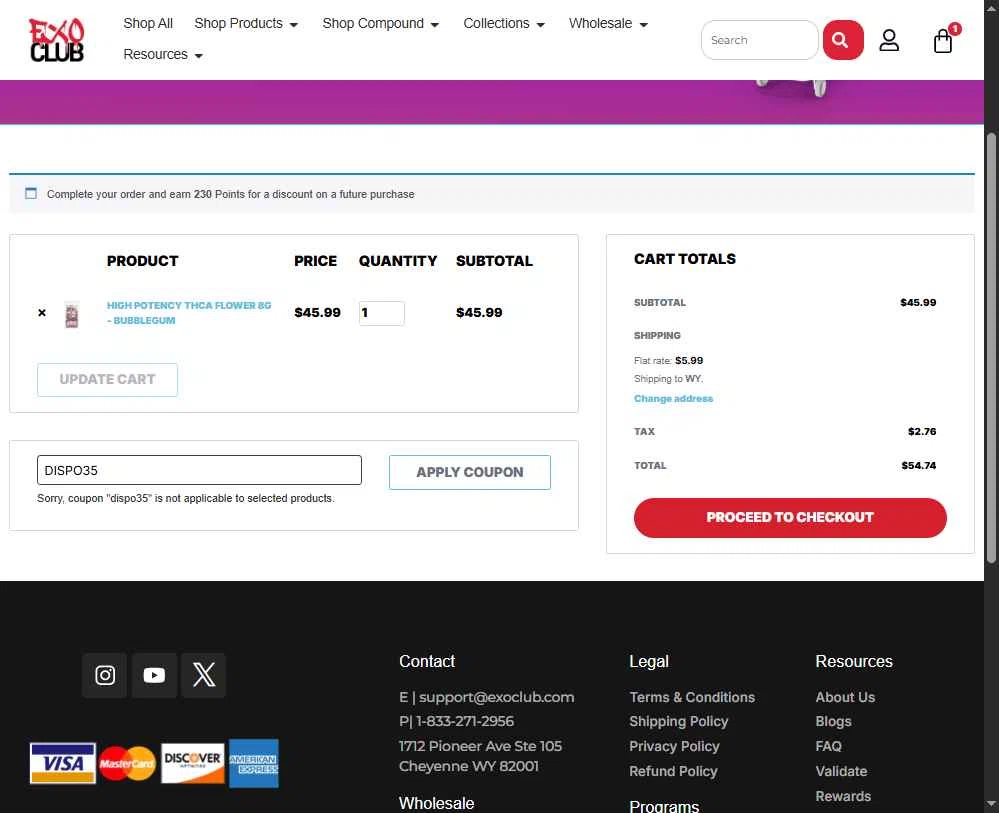 EXO Club checkout page showing EXO Club coupon code box | Screenshot taken by SimplyCodes community member on Jan 5, 2026
