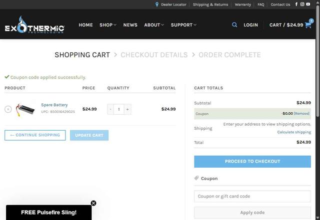 Exothermic Technologies checkout page showing Exothermic Technologies promo code box | Screenshot taken by SimplyCodes community member on Jul 15, 2025