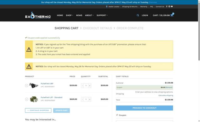 Exothermic Technologies checkout page showing Exothermic Technologies promo code box | Screenshot taken by SimplyCodes community member on May 23, 2025