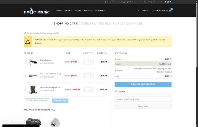 Exothermic Technologies checkout page showing Exothermic Technologies promo code box | Screenshot taken by SimplyCodes community member on Jun 28, 2025