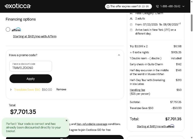 Exoticca checkout page showing Exoticca discount code box | Screenshot taken by SimplyCodes community member on Jun 25, 2025