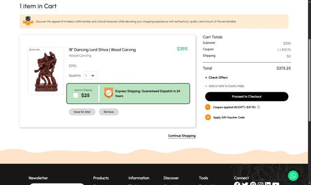 Exotic India checkout page showing Exotic India coupon code box | Screenshot taken by SimplyCodes community member on Jul 14, 2025