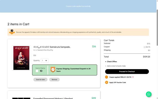 Exotic India checkout page showing Exotic India coupon code box | Screenshot taken by SimplyCodes community member on Aug 22, 2025