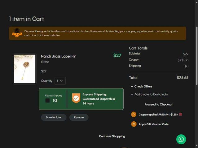 Exotic India checkout page showing Exotic India coupon code box | Screenshot taken by SimplyCodes community member on Aug 30, 2025