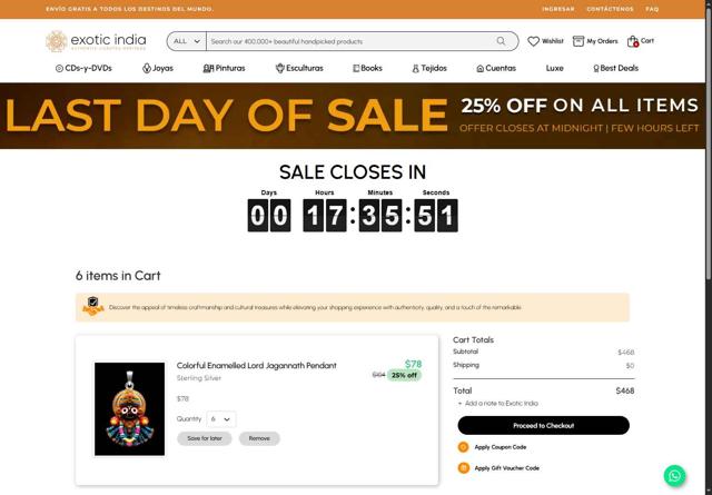 Exotic India checkout page showing Exotic India coupon code box | Screenshot taken by SimplyCodes community member on Aug 14, 2025