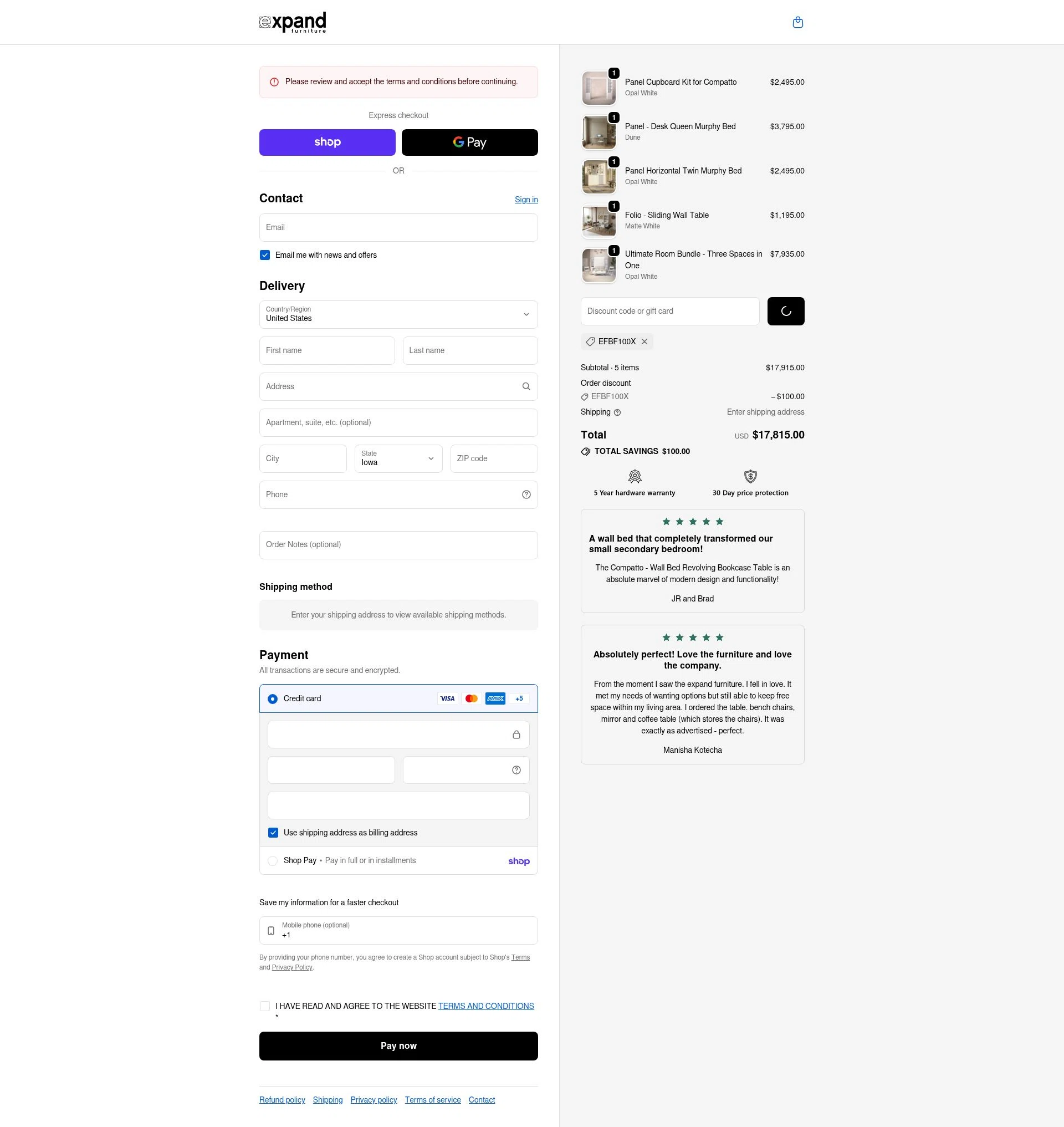 Expand Furniture checkout page showing Expand Furniture coupon code box | Screenshot taken by SimplyCodes community member on Feb 5, 2026