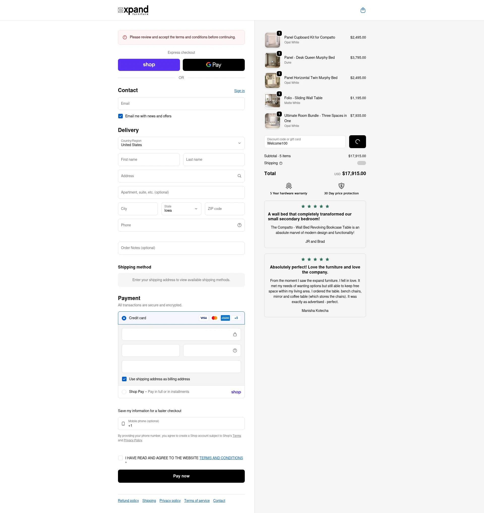 Expand Furniture checkout page showing Expand Furniture coupon code box | Screenshot taken by SimplyCodes community member on Feb 5, 2026