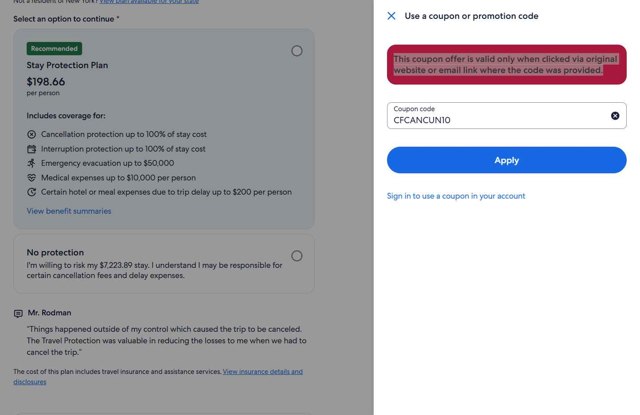 Expedia checkout page showing Expedia coupon code box | Screenshot taken by SimplyCodes community member on Aug 28, 2025