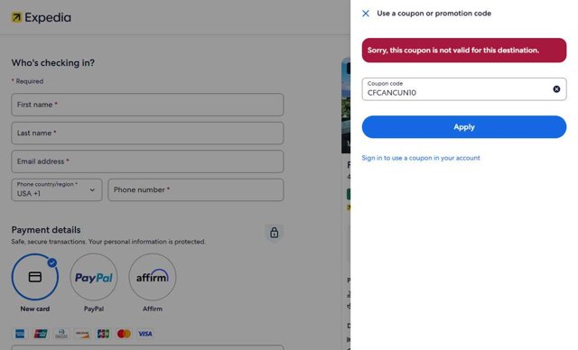 Expedia checkout page showing Expedia coupon code box | Screenshot taken by SimplyCodes community member on Aug 26, 2025