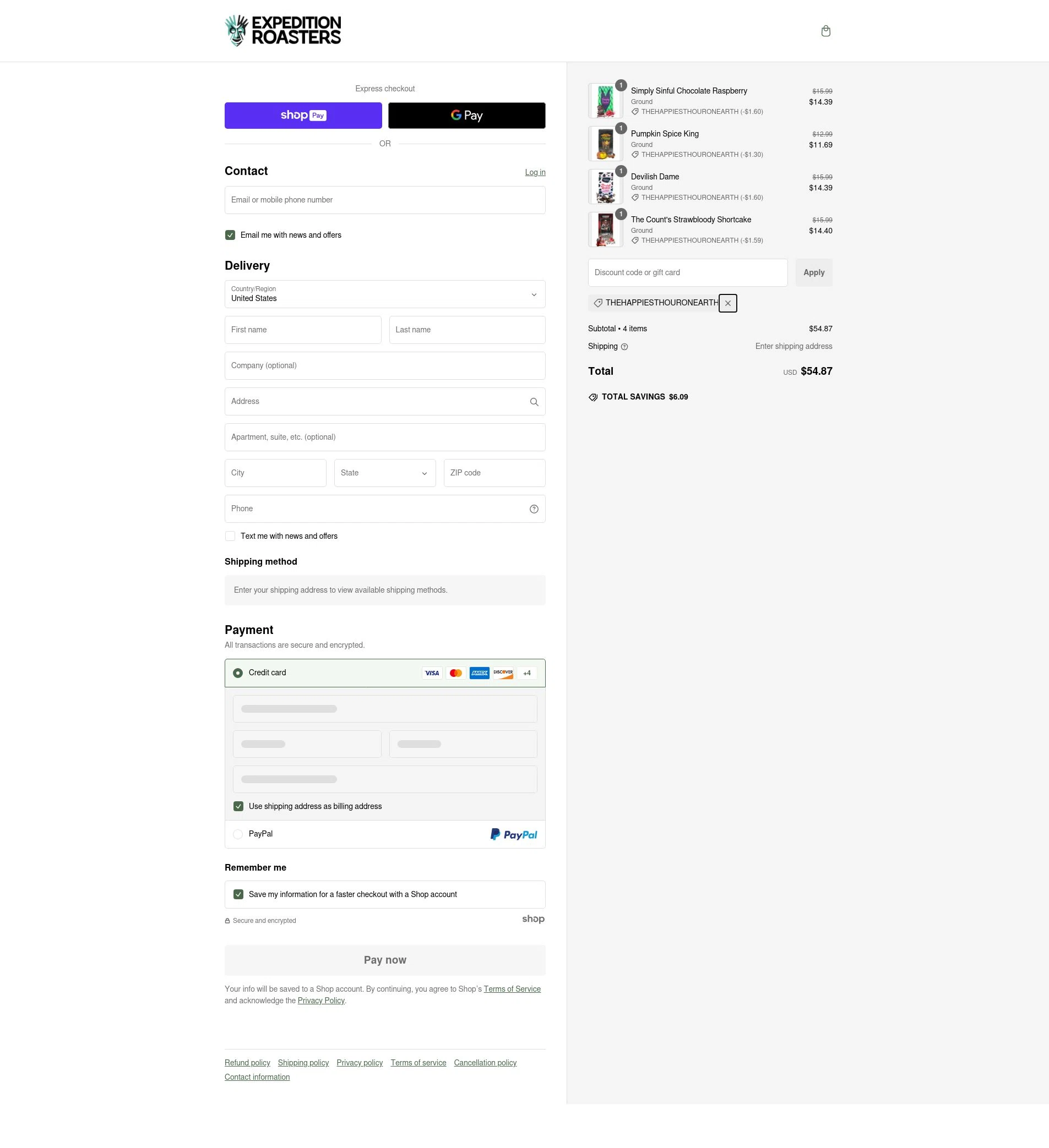 Expedition Roasters checkout page showing Expedition Roasters discount code box | Screenshot taken by SimplyCodes community member on Jan 14, 2025