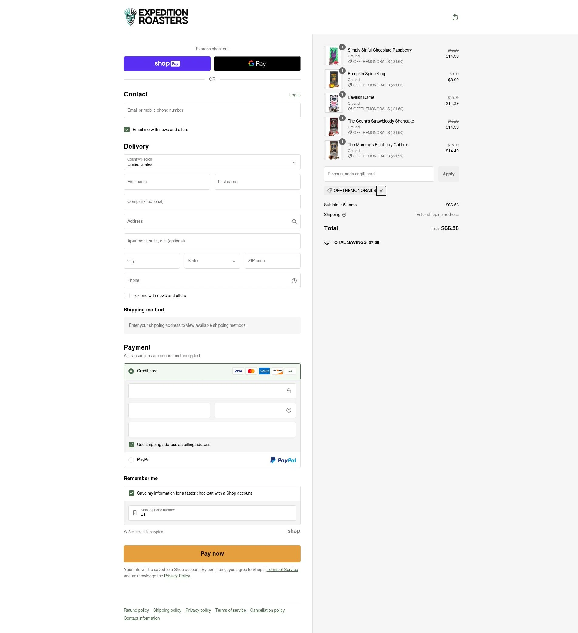 Expedition Roasters checkout page showing Expedition Roasters discount code box | Screenshot taken by SimplyCodes community member on Jan 26, 2025