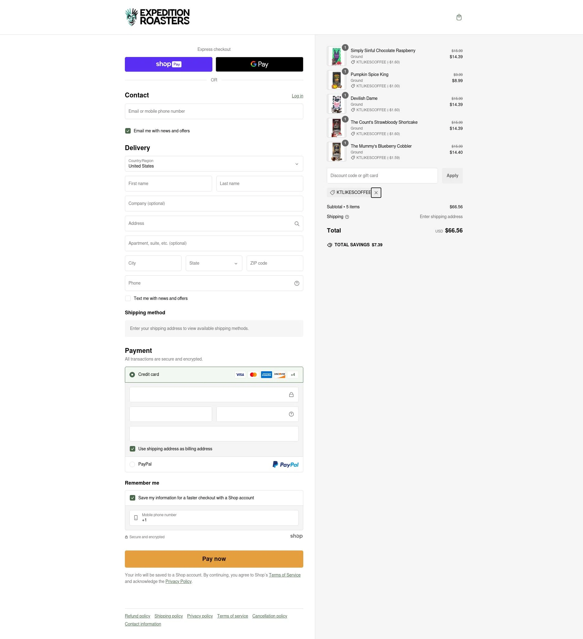 Expedition Roasters checkout page showing Expedition Roasters discount code box | Screenshot taken by SimplyCodes community member on Jan 26, 2025