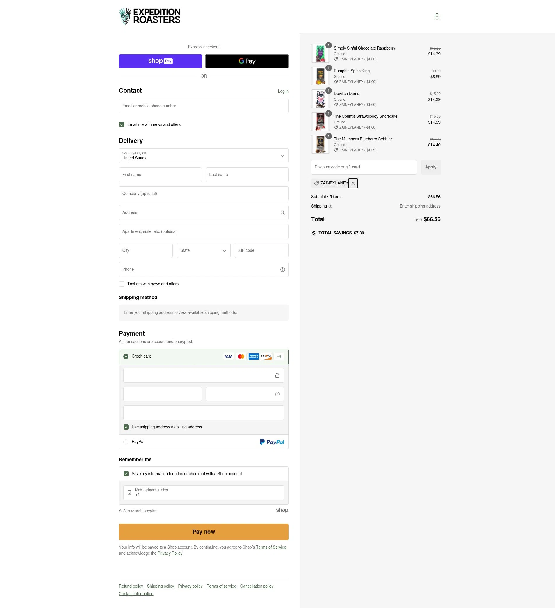 Expedition Roasters checkout page showing Expedition Roasters discount code box | Screenshot taken by SimplyCodes community member on Jan 26, 2025