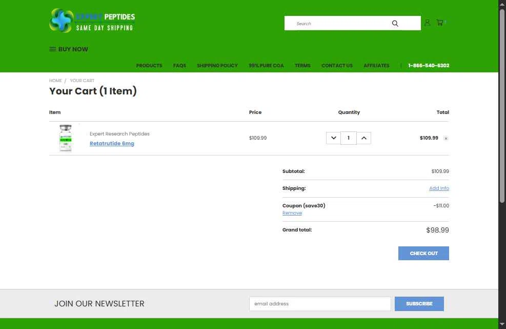 Expert Peptides checkout page showing Expert Peptides coupon code box | Screenshot taken by SimplyCodes community member on Feb 11, 2026
