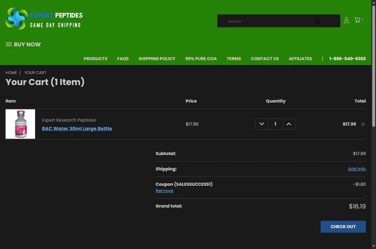 Expert Peptides checkout page showing Expert Peptides coupon code box | Screenshot taken by SimplyCodes community member on Feb 11, 2026