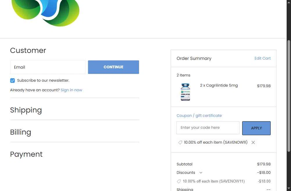 Expert Peptides checkout page showing Expert Peptides coupon code box | Screenshot taken by SimplyCodes community member on Feb 11, 2026