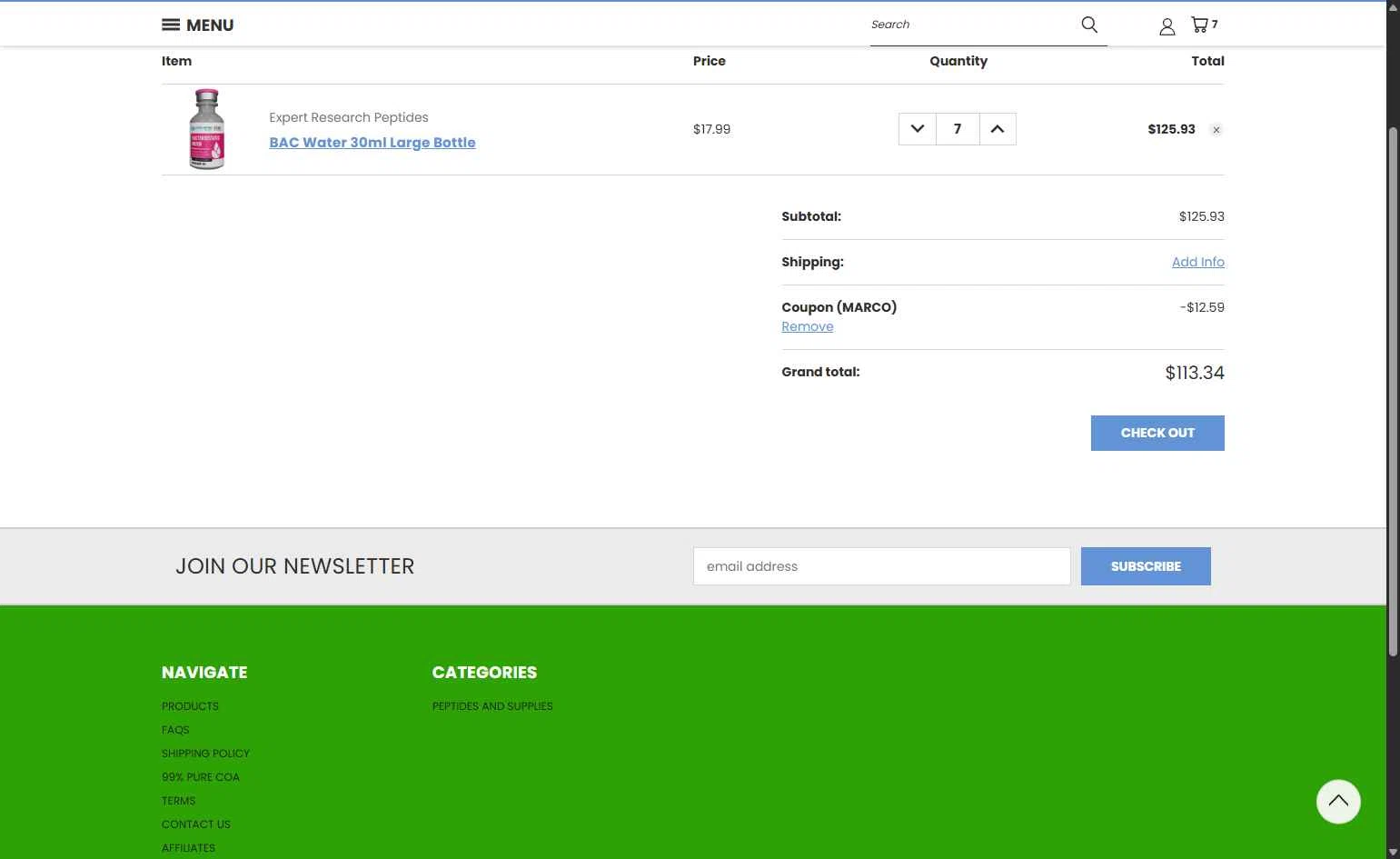 Expert Peptides checkout page showing Expert Peptides coupon code box | Screenshot taken by SimplyCodes community member on Feb 10, 2026