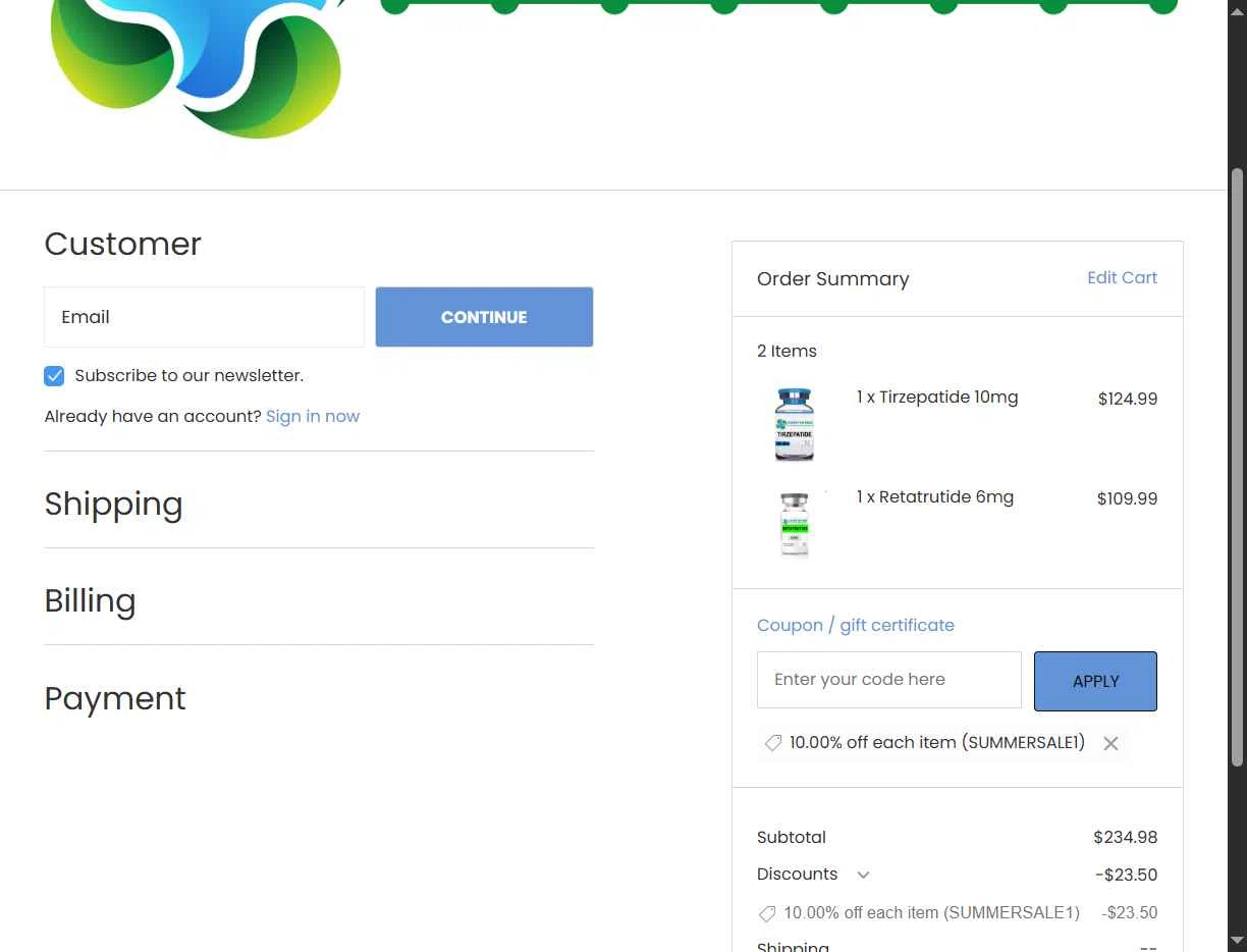 Expert Peptides checkout page showing Expert Peptides coupon code box | Screenshot taken by SimplyCodes community member on Feb 11, 2026