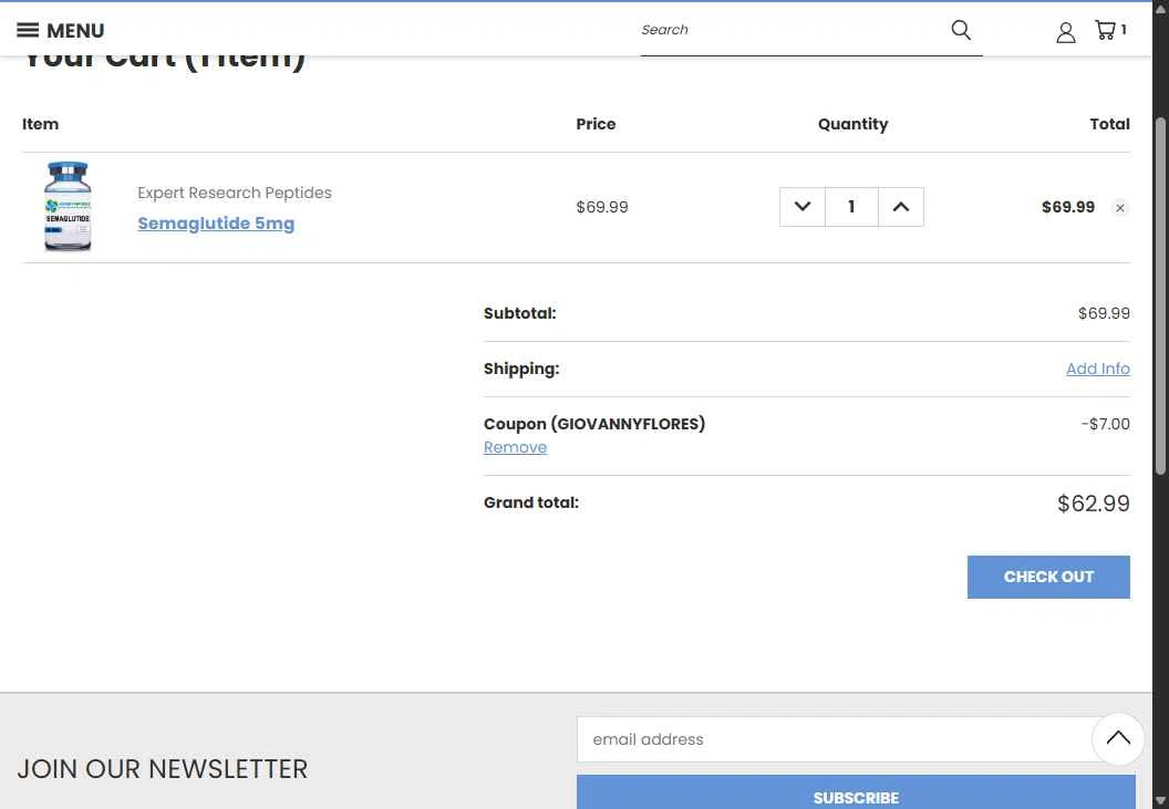 Expert Peptides checkout page showing Expert Peptides coupon code box | Screenshot taken by SimplyCodes community member on Feb 11, 2026