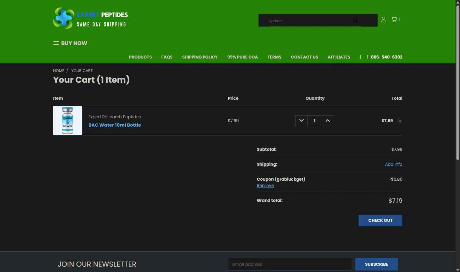 Expert Peptides checkout page showing Expert Peptides coupon code box | Screenshot taken by SimplyCodes community member on Feb 11, 2026