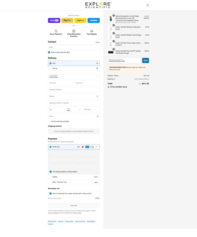 Explore Scientific checkout page showing Explore Scientific promo code box | Screenshot taken by SimplyCodes community member on Aug 12, 2025