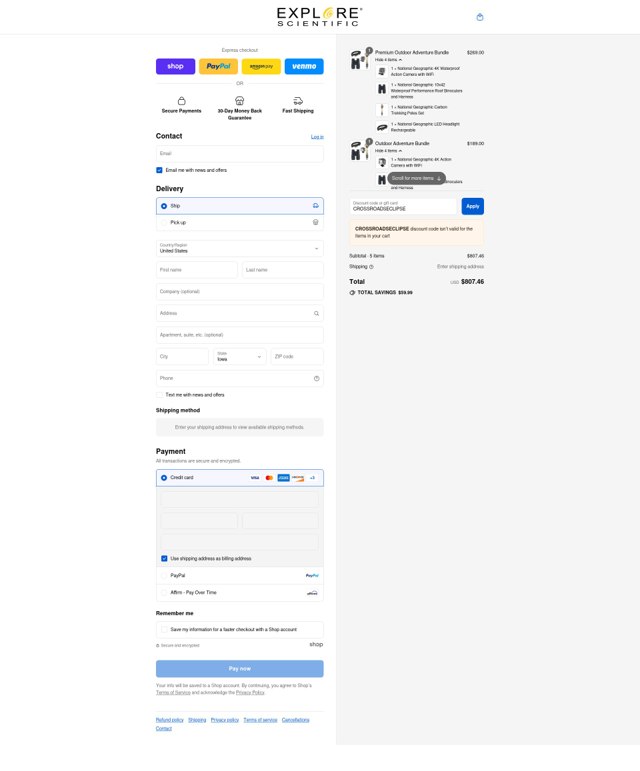 Explore Scientific checkout page showing Explore Scientific promo code box | Screenshot taken by SimplyCodes community member on Sep 8, 2025