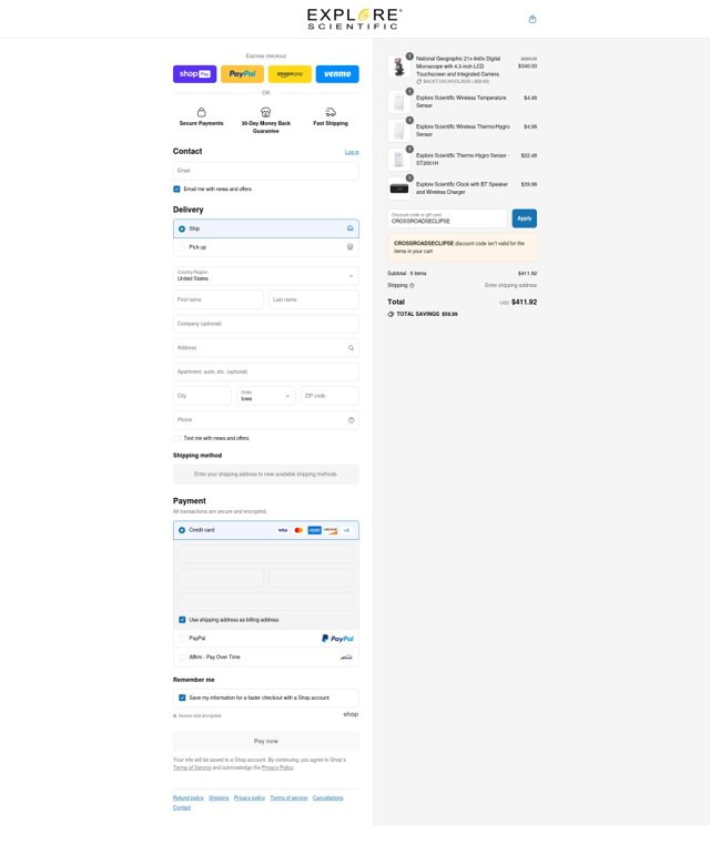 Explore Scientific checkout page showing Explore Scientific promo code box | Screenshot taken by SimplyCodes community member on Aug 9, 2025