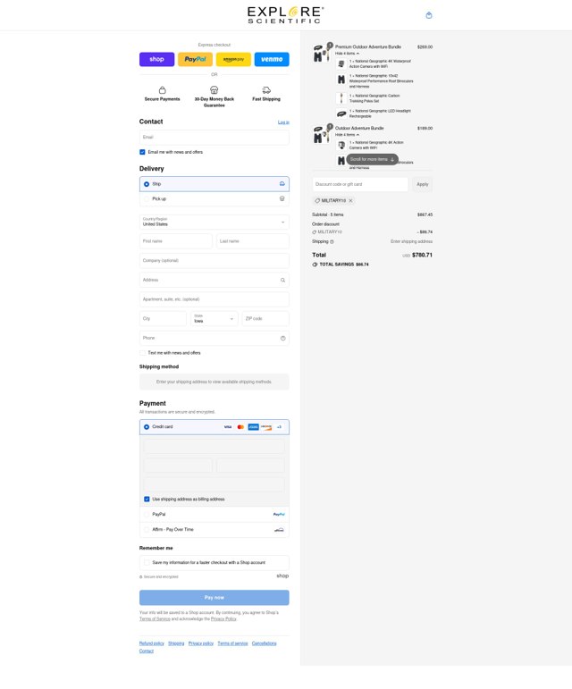 Explore Scientific checkout page showing Explore Scientific promo code box | Screenshot taken by SimplyCodes community member on Sep 8, 2025