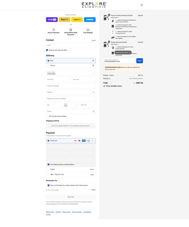 Explore Scientific checkout page showing Explore Scientific promo code box | Screenshot taken by SimplyCodes community member on Aug 17, 2025