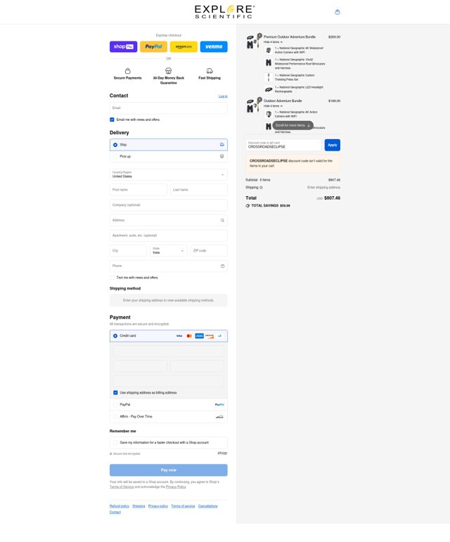 Explore Scientific checkout page showing Explore Scientific promo code box | Screenshot taken by SimplyCodes community member on Aug 26, 2025