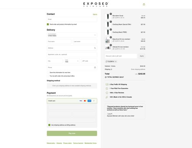 Exposed Skin Care checkout page showing Exposed Skin Care discount code box | Screenshot taken by SimplyCodes community member on Sep 16, 2025