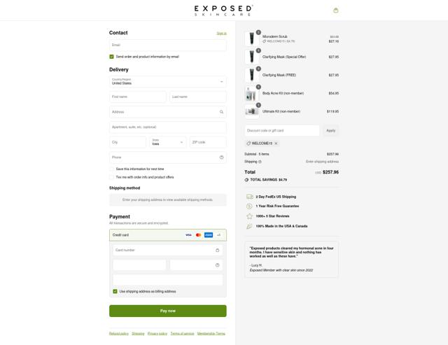 Exposed Skin Care checkout page showing Exposed Skin Care discount code box | Screenshot taken by SimplyCodes community member on Sep 16, 2025