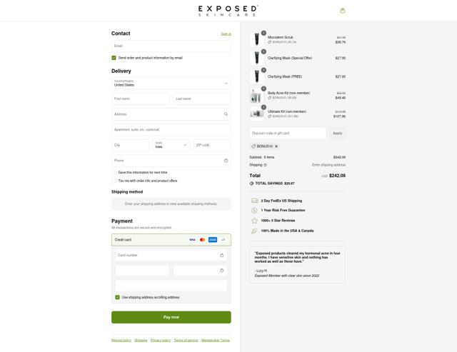 Exposed Skin Care checkout page showing Exposed Skin Care discount code box | Screenshot taken by SimplyCodes community member on Sep 16, 2025