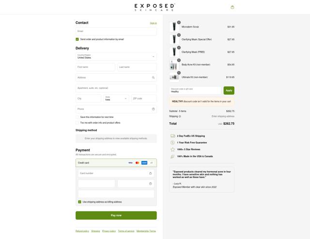Exposed Skin Care checkout page showing Exposed Skin Care discount code box | Screenshot taken by SimplyCodes community member on Sep 16, 2025