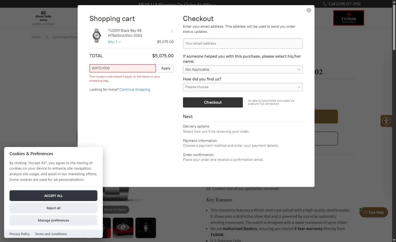 Exquisite Timepieces checkout page showing Exquisite Timepieces promo code box | Screenshot taken by SimplyCodes community member on Oct 26, 2025