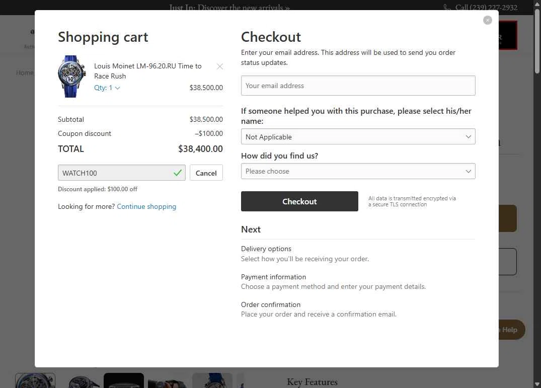 Exquisite Timepieces checkout page showing Exquisite Timepieces promo code box | Screenshot taken by SimplyCodes community member on Apr 24, 2025