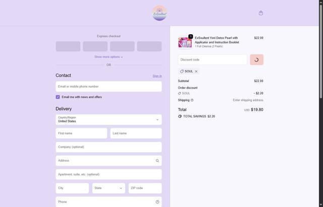 ExSoullent checkout page showing ExSoullent promo code box | Screenshot taken by SimplyCodes community member on Sep 26, 2025