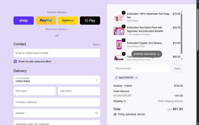 ExSoullent checkout page showing ExSoullent promo code box | Screenshot taken by SimplyCodes community member on Sep 26, 2025