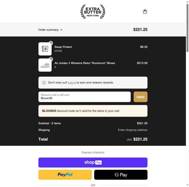 Extra Butter checkout page showing Extra Butter discount code box | Screenshot taken by SimplyCodes community member on May 4, 2025