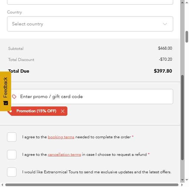 Extranomical checkout page showing Extranomical promo code box | Screenshot taken by SimplyCodes community member on Aug 29, 2025