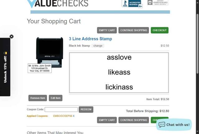 Extra Value Checks checkout page showing Extra Value Checks coupon code box | Screenshot taken by SimplyCodes community member on Sep 8, 2025