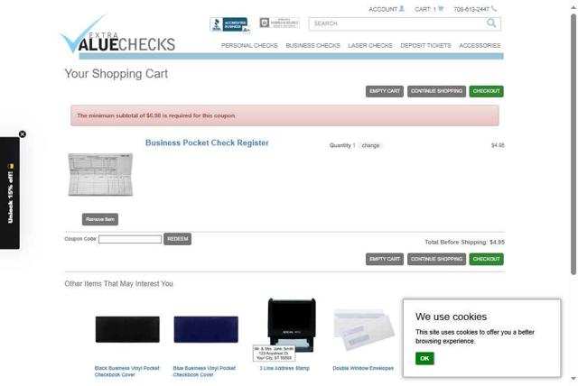 Extra Value Checks checkout page showing Extra Value Checks coupon code box | Screenshot taken by SimplyCodes community member on Jul 1, 2025
