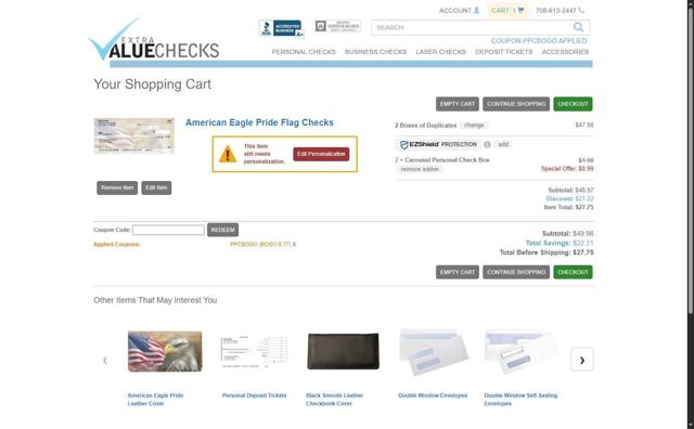 Extra Value Checks checkout page showing Extra Value Checks coupon code box | Screenshot taken by SimplyCodes community member on Jul 1, 2025
