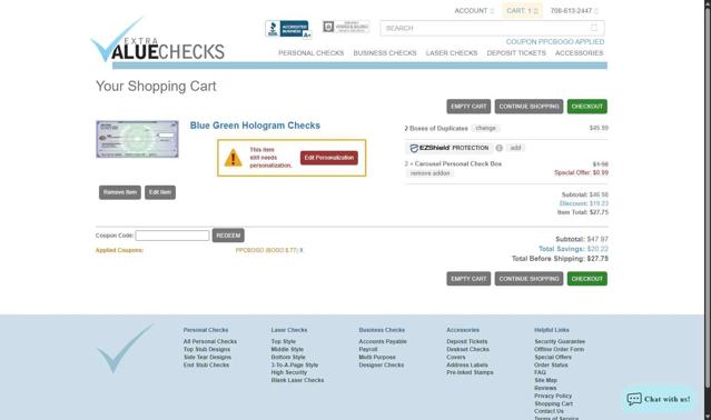 Extra Value Checks checkout page showing Extra Value Checks coupon code box | Screenshot taken by SimplyCodes community member on Jul 1, 2025