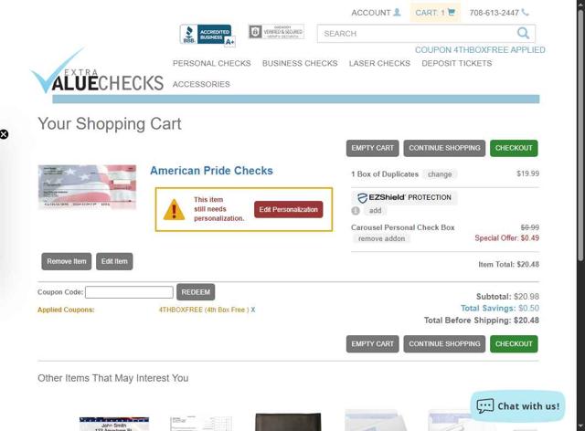 Extra Value Checks checkout page showing Extra Value Checks coupon code box | Screenshot taken by SimplyCodes community member on Jul 1, 2025
