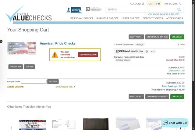 Extra Value Checks checkout page showing Extra Value Checks coupon code box | Screenshot taken by SimplyCodes community member on Sep 9, 2025